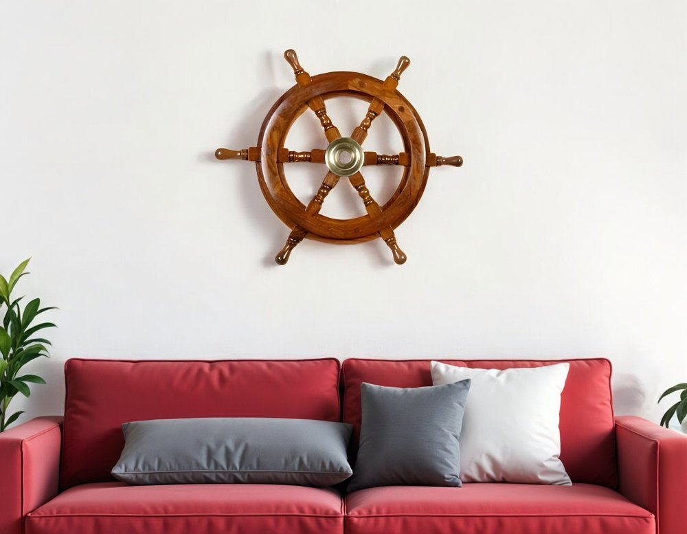 36" Brown Solid Wood And Brass Ships Wheel Hanging Dimensional Sculpture HomeRoots