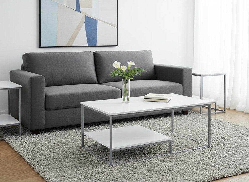 Set of Three 42" White And Silver Metal Coffee Table With Shelf HomeRoots