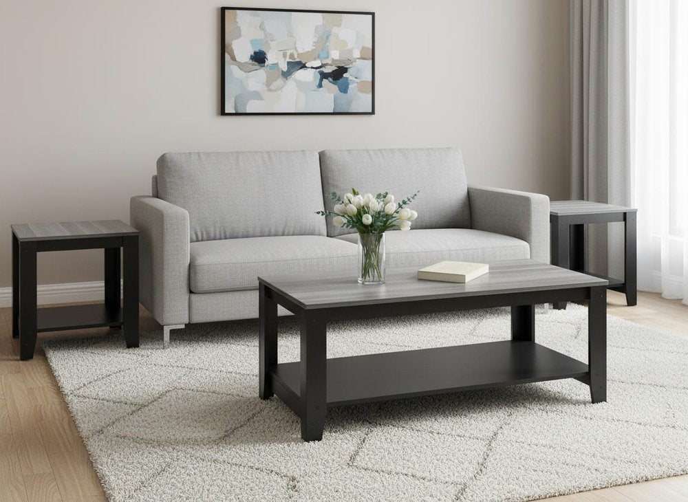 Set of Three 42" Gray And Black Coffee Table With Shelf HomeRoots