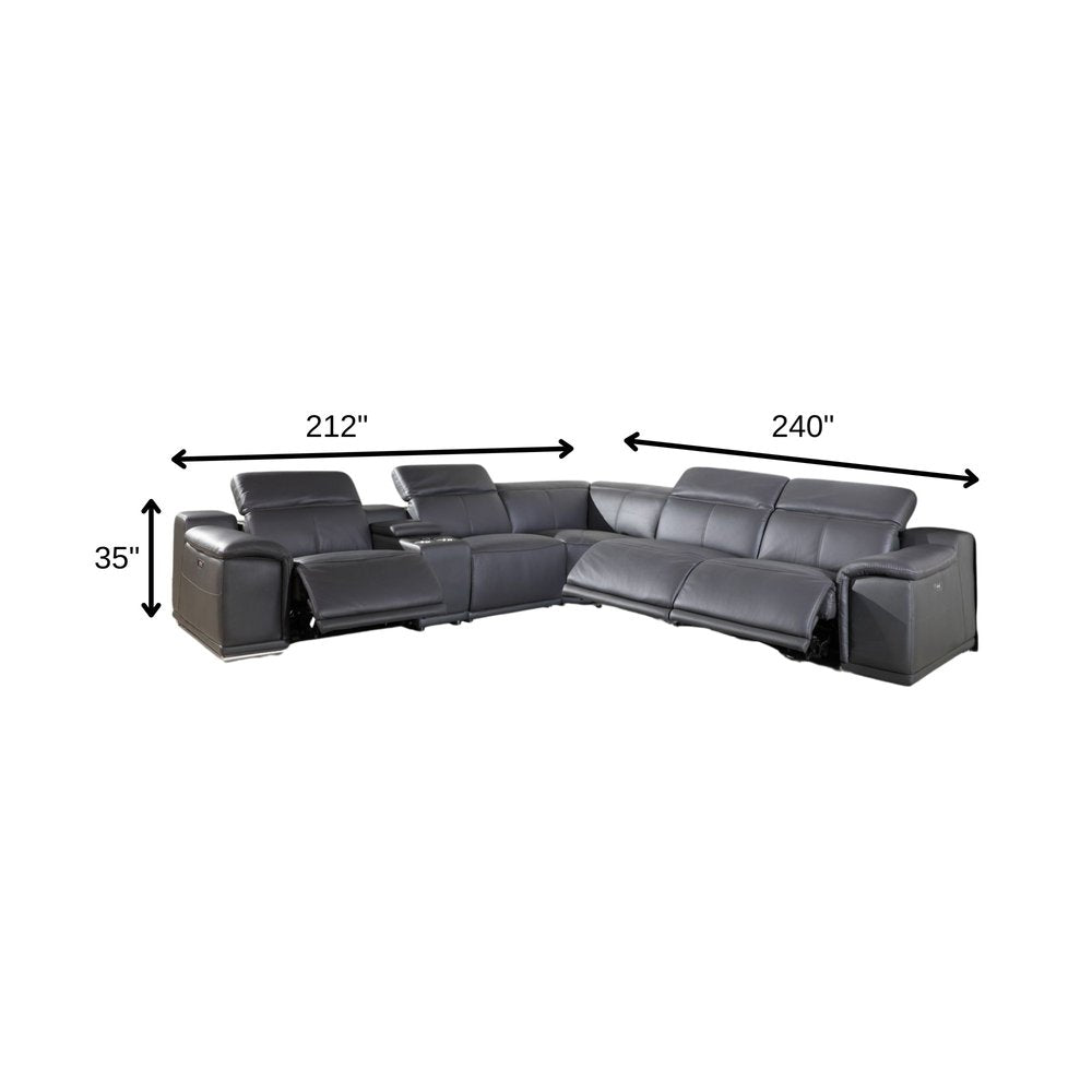 Gray Italian Leather Power Reclining U Shaped Six Piece Corner Sectional With Console HomeRoots