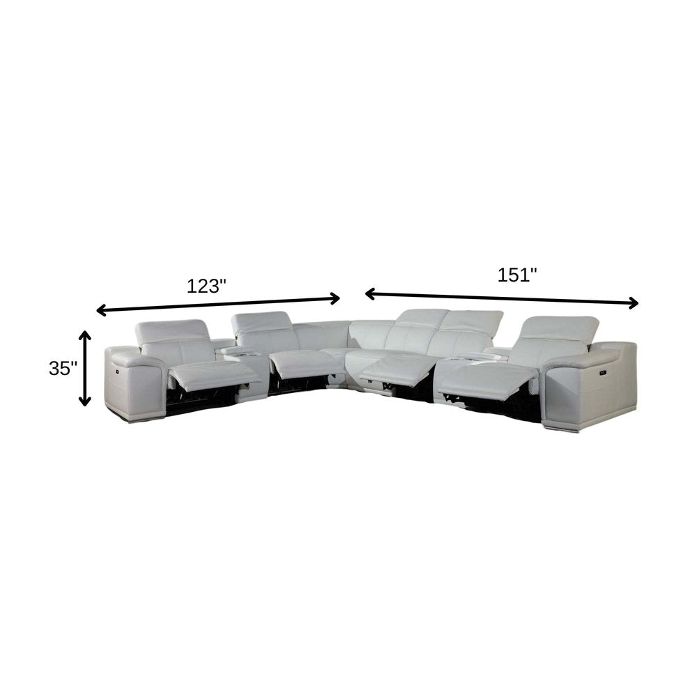 White Italian Leather Power Reclining U Shaped Eight Piece Corner Sectional With Console HomeRoots