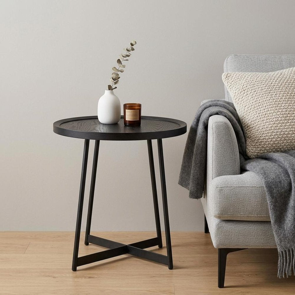 22" Matte Black Wood and Steel Round Cross Legs End Table HomeRoots
