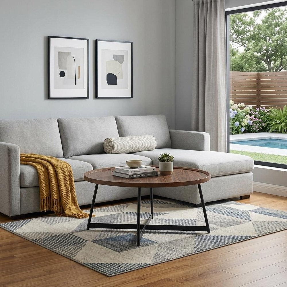 35" Brown and Black Wood And Metal Round Frame Coffee Table HomeRoots