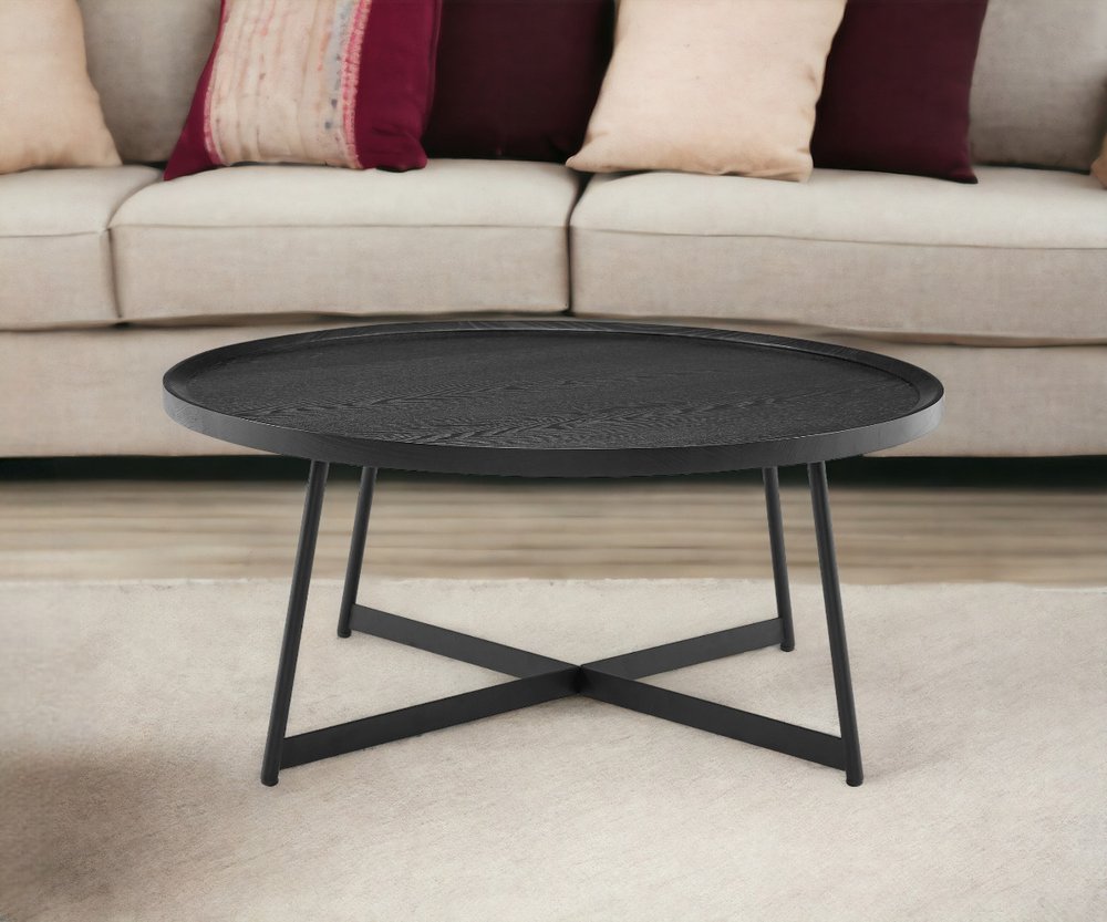 35" Black Wood And Metal Round Frame Coffee Table HomeRoots