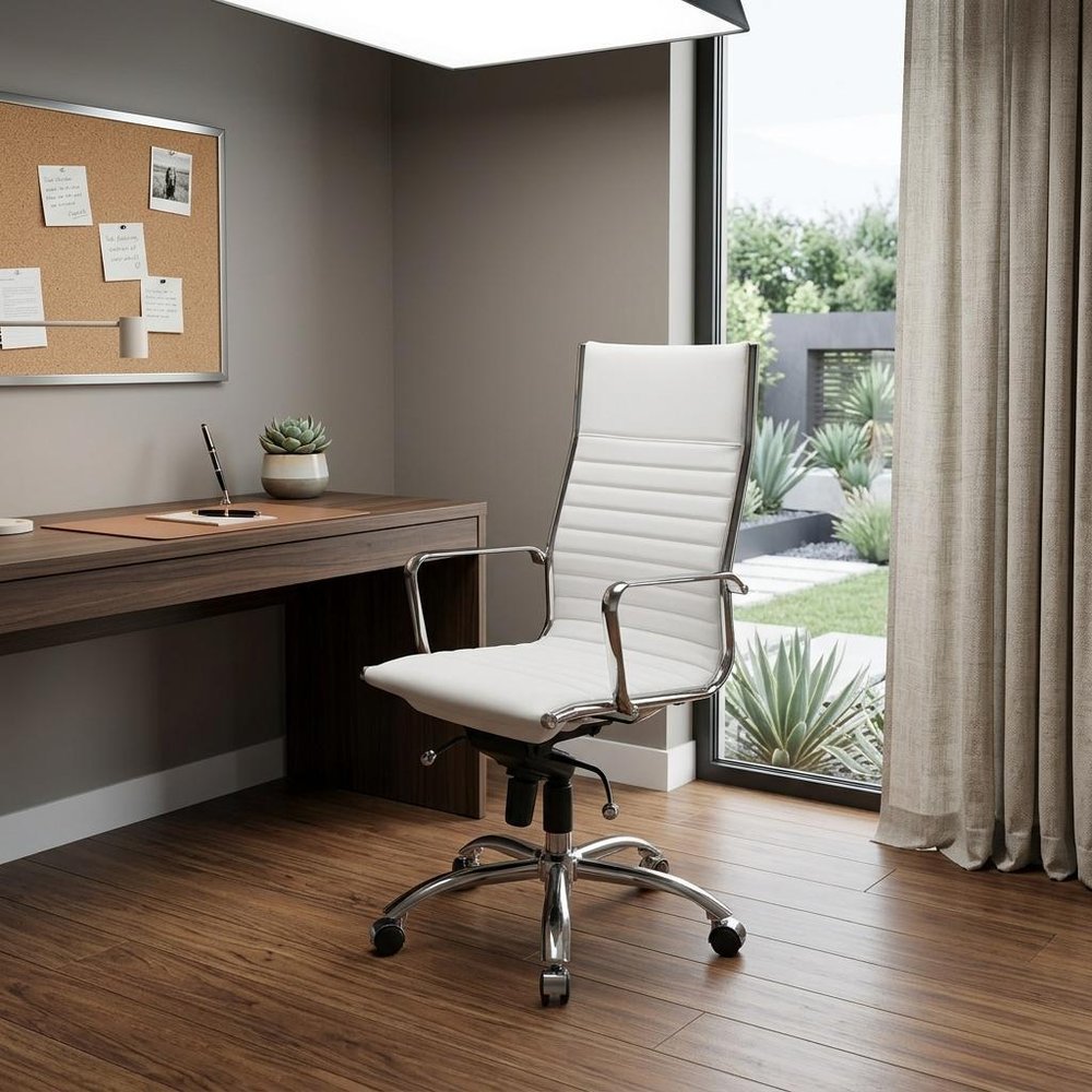 White and Silver Adjustable Swivel Faux Leather Rolling Conference Office Chair HomeRoots