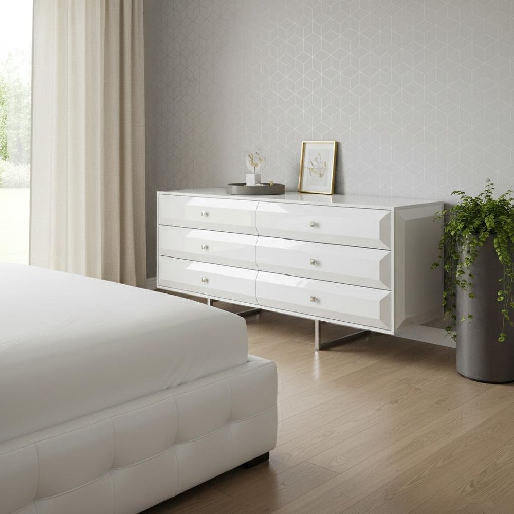72" White Wood Six Drawer Double Dresser