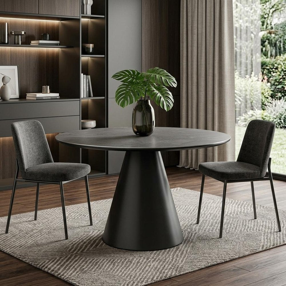 47" Gray Rounded Stone And Iron Pedestal Base Dining Table HomeRoots