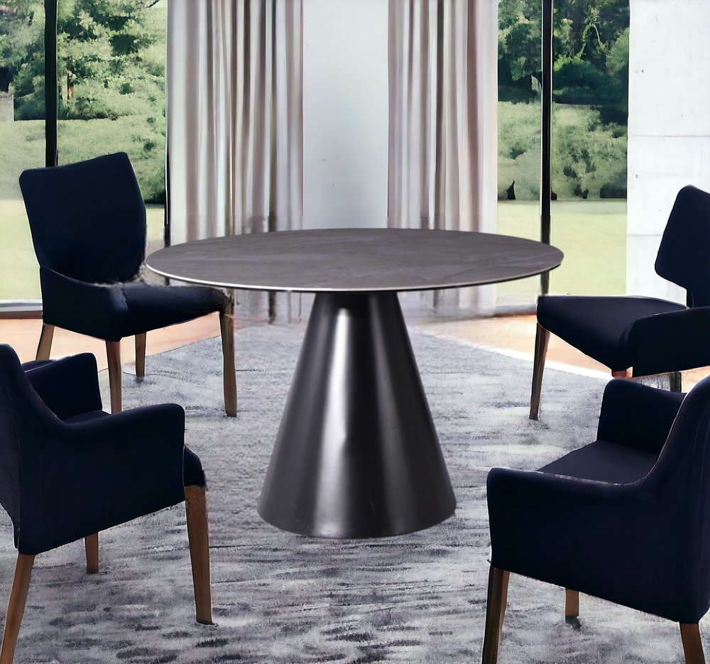 47" Gray Rounded Stone And Iron Pedestal Base Dining Table HomeRoots