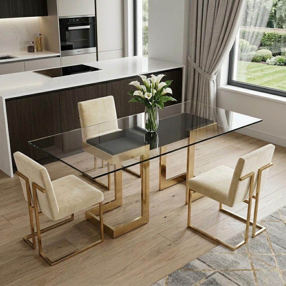 87" Clear And Gold Glass And Stainless Steel Double Pedestal Base Dining Table HomeRoots