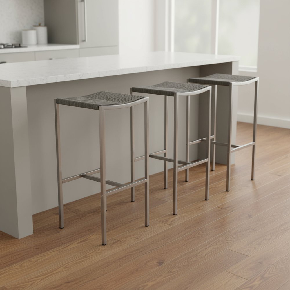 Set of Four 28" Brown and Silver Iron and Steel Backless Counter Height Bar Chairs HomeRoots