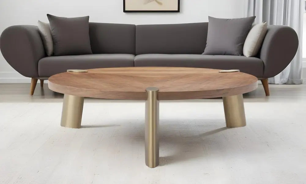 55" Brown and Gold Wood And Stainless Steel Round Coffee Table - FurniFindUSA