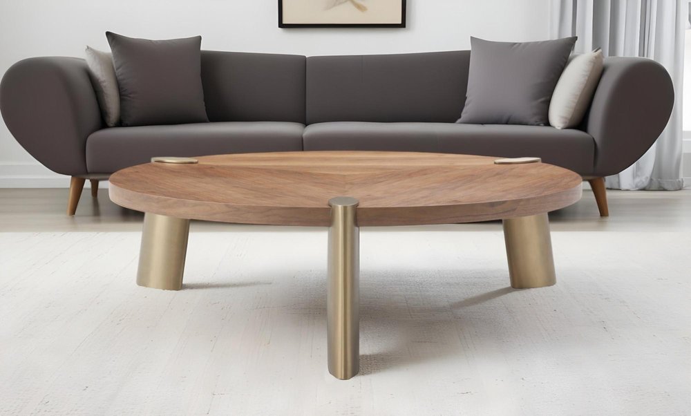 55" Brown and Gold Wood And Stainless Steel Round Coffee Table HomeRoots
