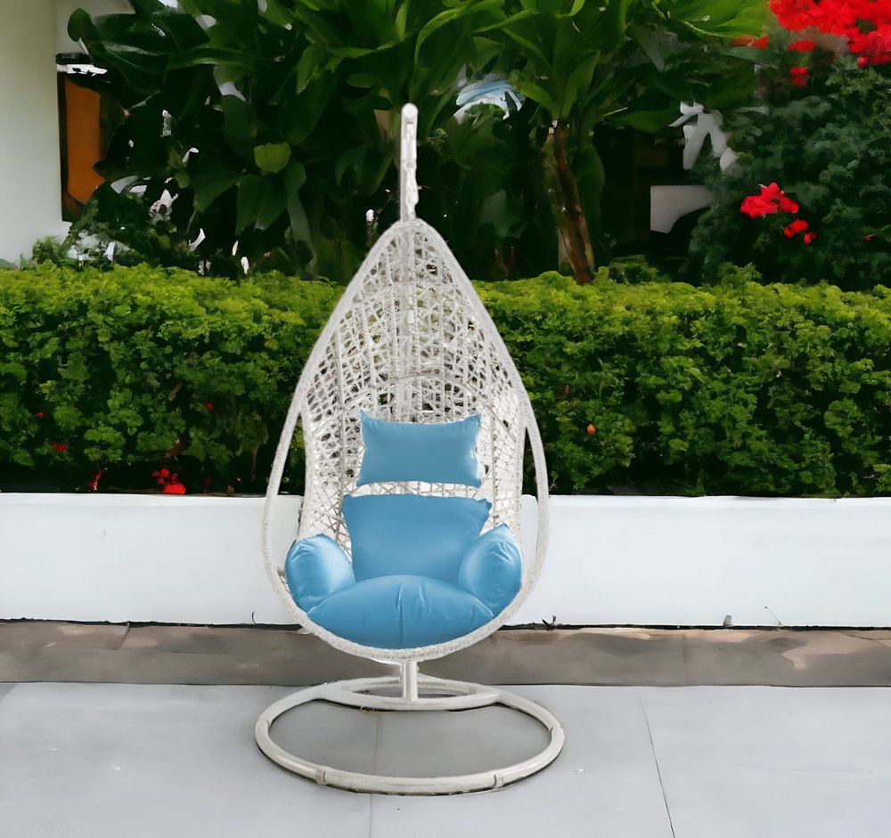 40" Blue and Steel stand finished Metal Outdoor Swing Chair with Blue Cushion HomeRoots
