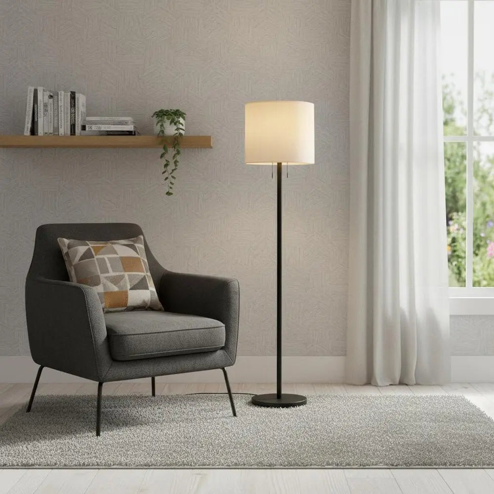 60" Black And White Floor Lamp With White Fabric Drum Shade HomeRoots
