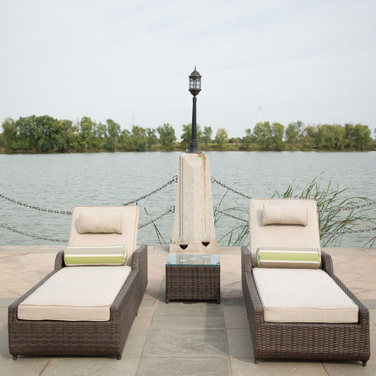 78" Set of Two Brown Indoor Outdoor Chaise Lounge with Beige Cushion HomeRoots