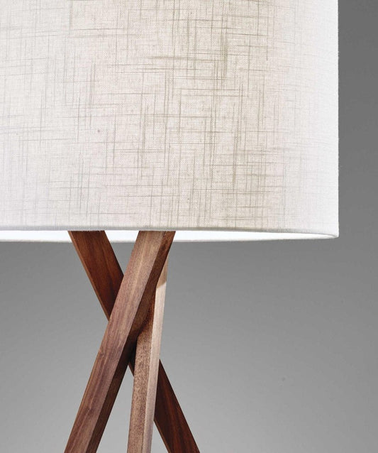 63" Brown And White Solid Wood Tripod Floor Lamp With White Linen Drum Shade