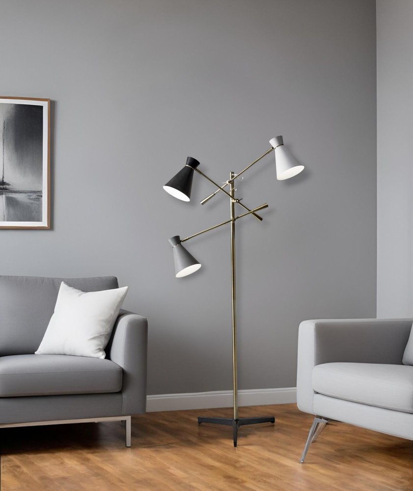 71" Brass Metal Novelty Floor Lamp With Black And White Iron Cone Shade HomeRoots