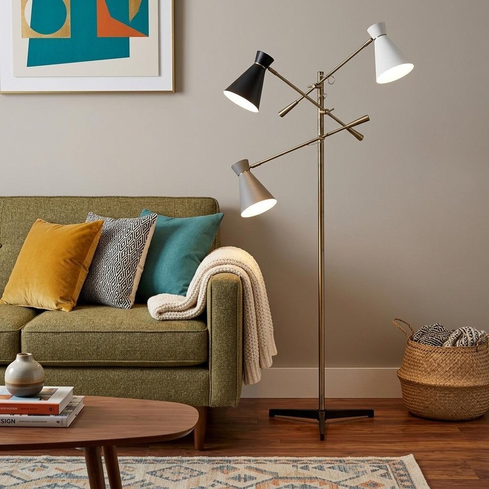 71" Brass Metal Novelty Floor Lamp With Black And White Iron Cone Shade HomeRoots