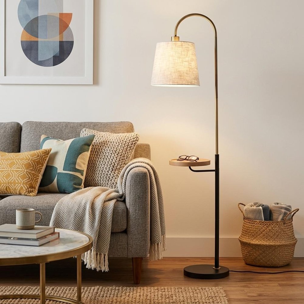 65" Black And Brass Tray Table USB Floor Lamp With Wood Shelf HomeRoots