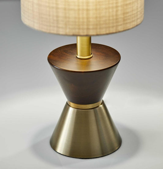 23" Brass Metal And Wood Table Lamp With Beige Drum Shade