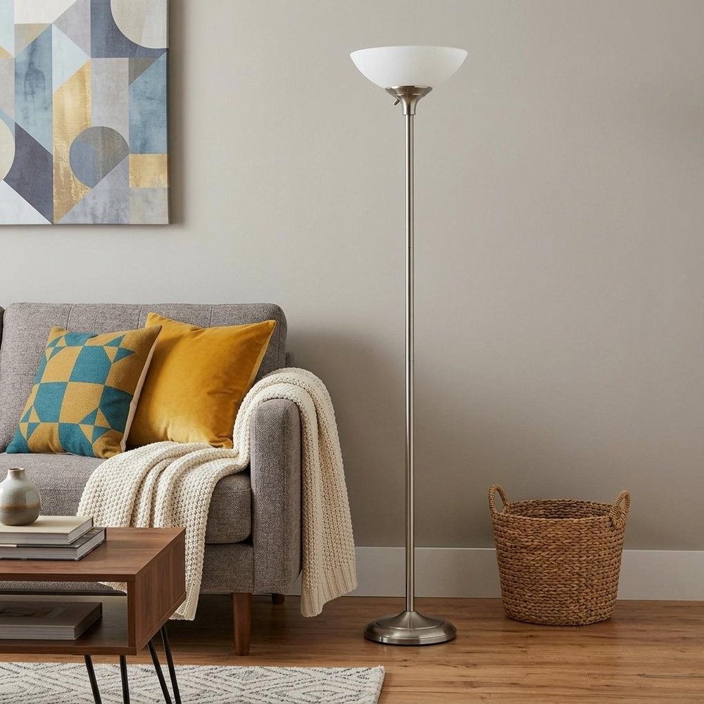 71" Silver Metal Torchiere Floor Lamp With White Bowl Shade HomeRoots