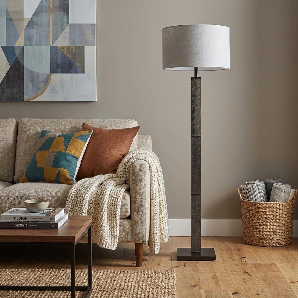 62" Black Wood And Metal Floor Lamp With Light Gray Fabric Drum Shade HomeRoots