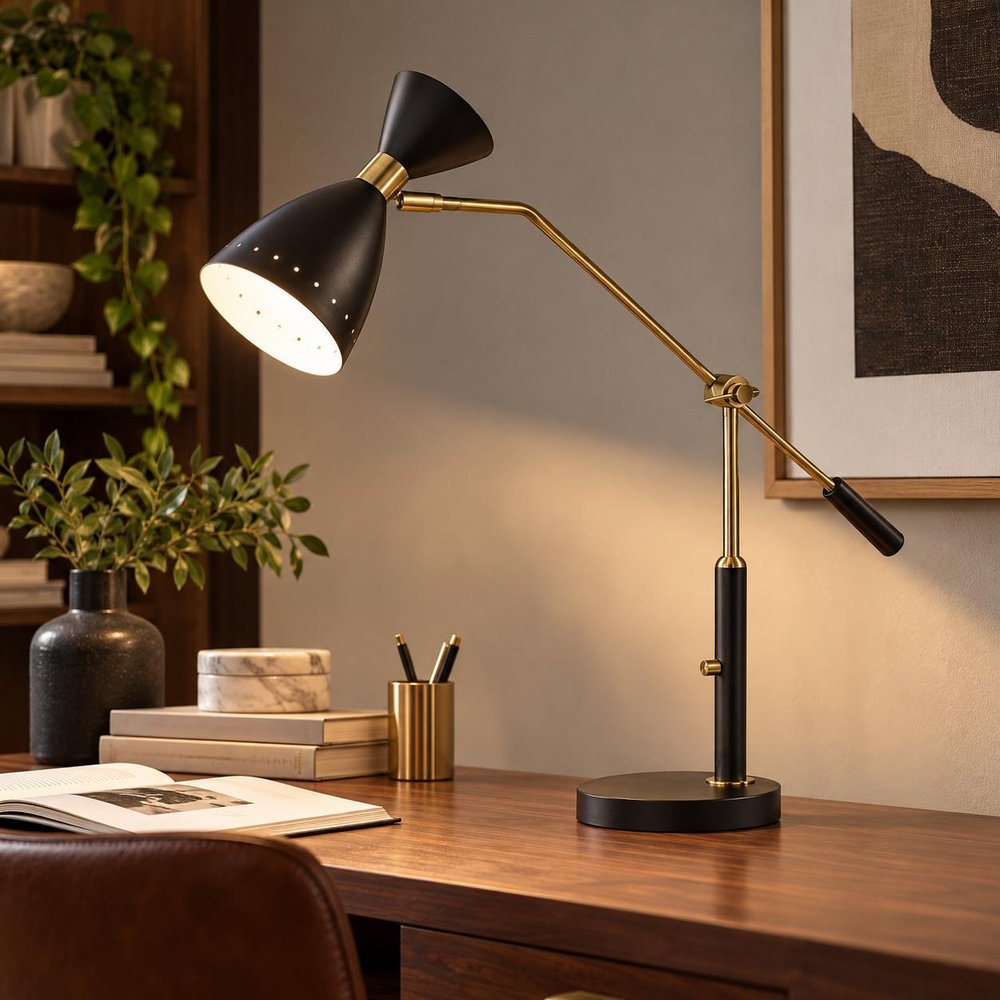 32" Black And Gold Metal Desk Lamp With Cinched Cone Shade