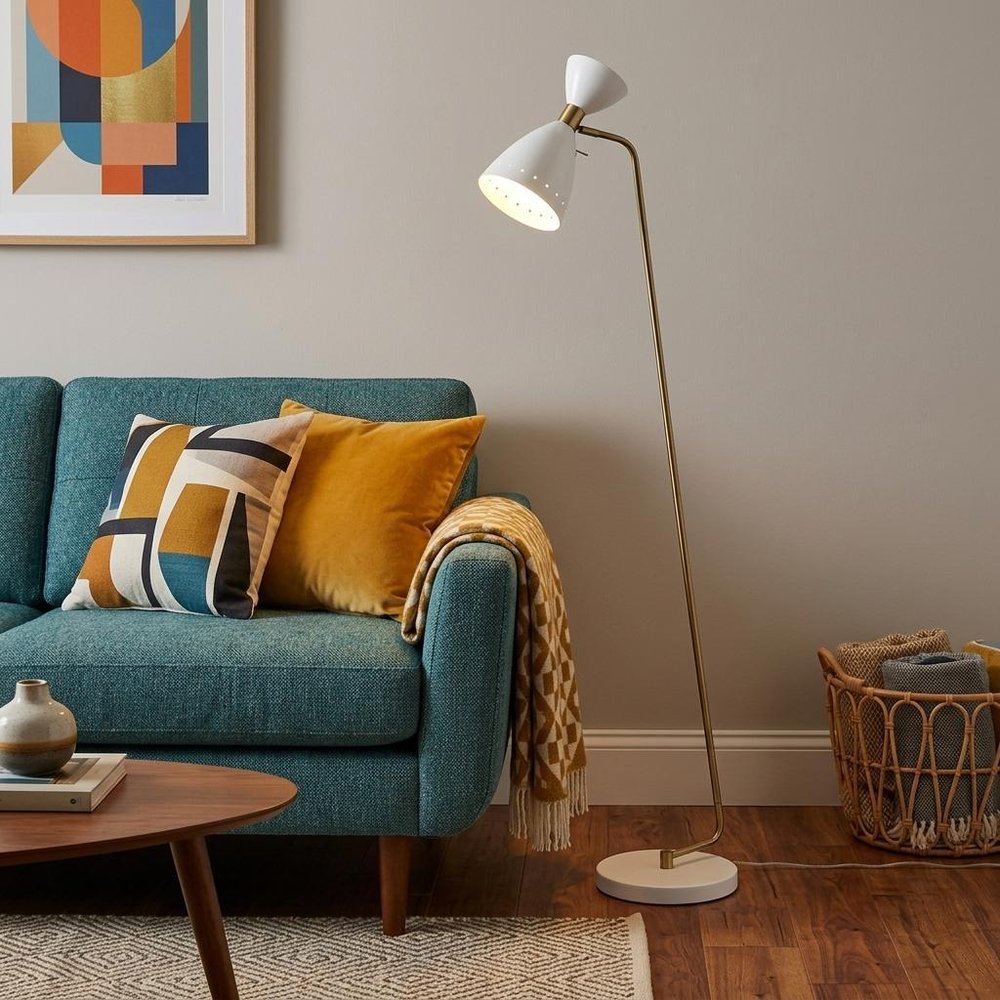 59" Gold And White Task Floor Lamp With White Metal Cone Shade HomeRoots