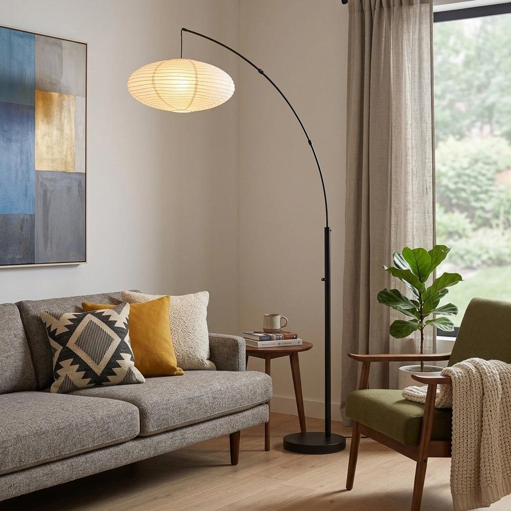 80" Beige And Black Arc Floor Lamp With Beige Paper Globe Shade HomeRoots
