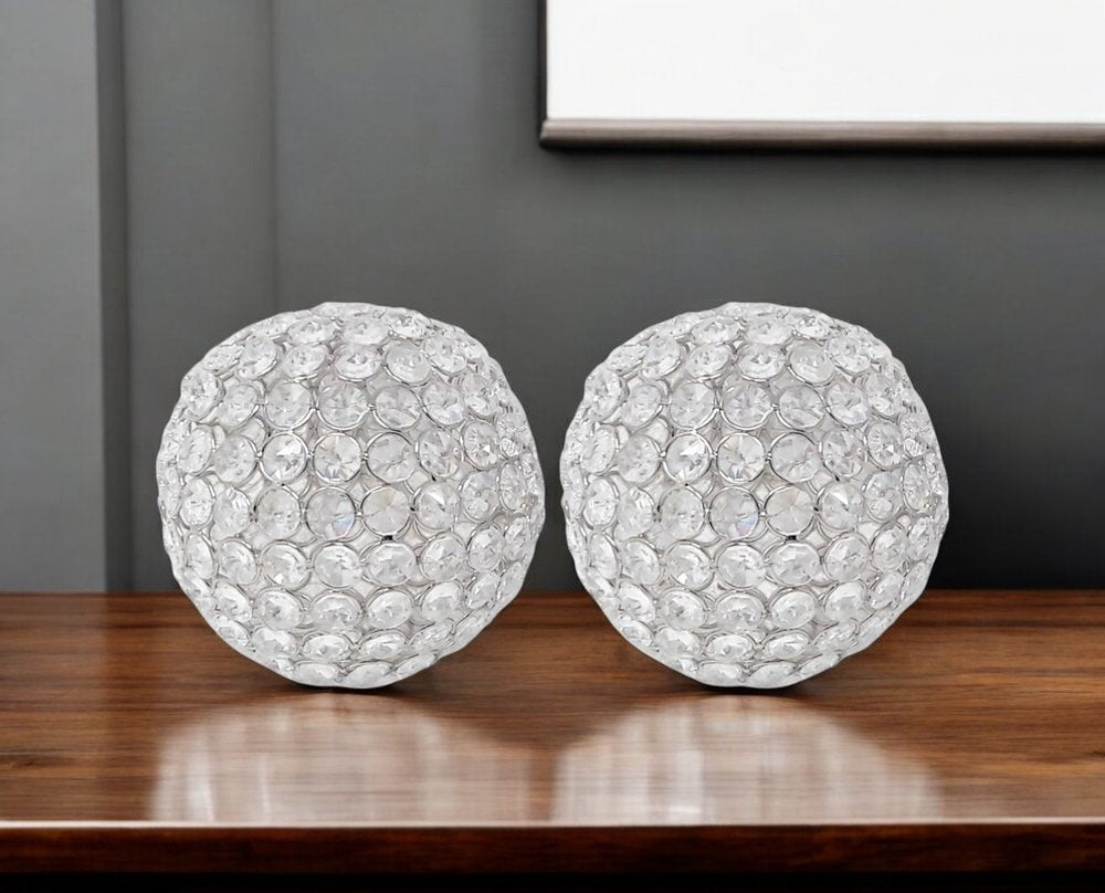 Set of Two Clear And Silver Faux Crystal And Steel Decorative Orb Tabletop Sculptures HomeRoots
