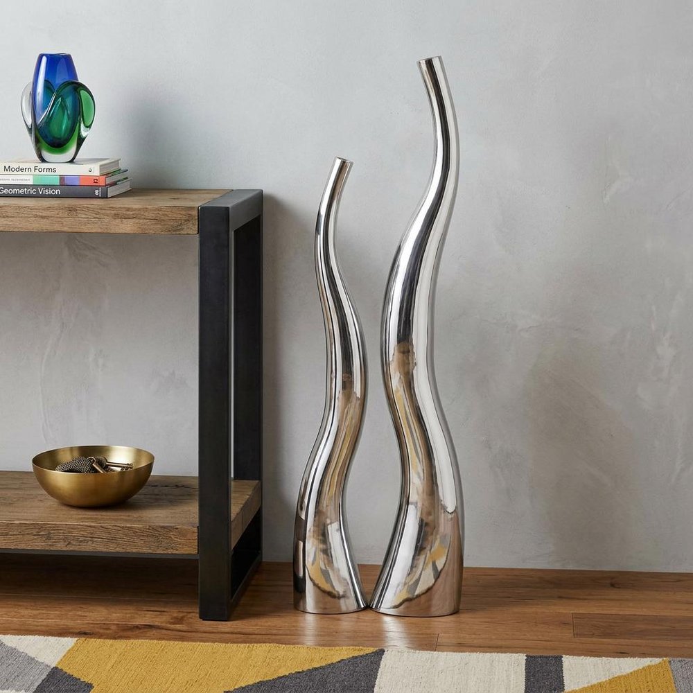 Set of Two Aluminum Silver Wavy Floor Vases HomeRoots