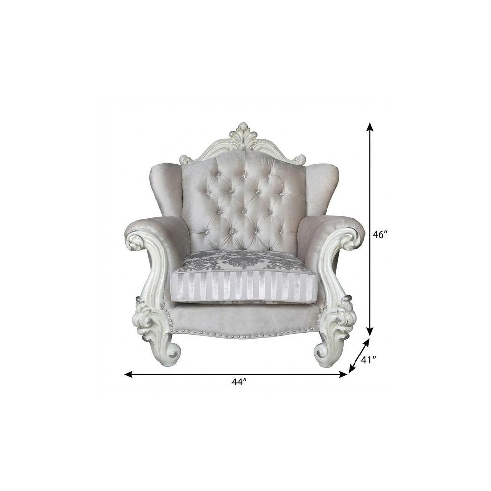 44" Ivory and Antiqued White Fabric Damask Tufted Chair and a Half And Toss Pillows HomeRoots