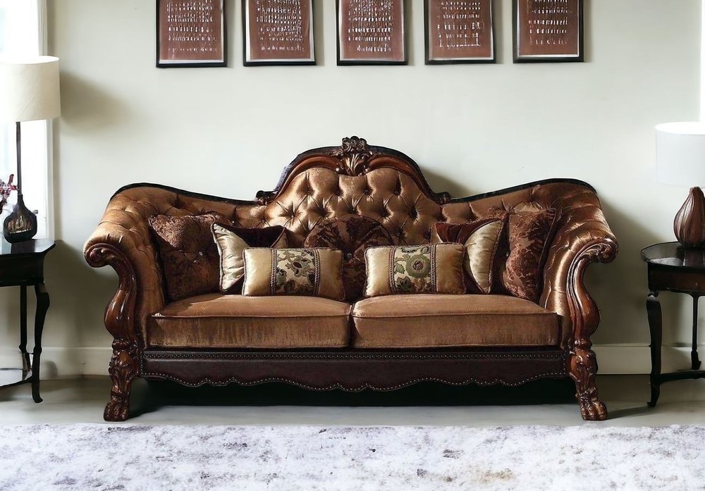 73" Dark Brown And Brown Velvet Loveseat and Toss Pillows HomeRoots
