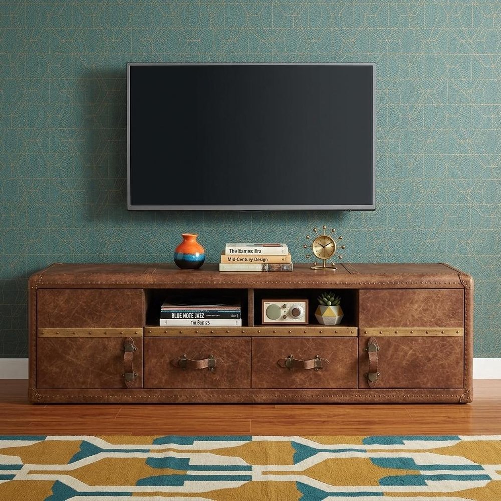 80" Brown Leather Enclosed and Open Storage TV Stand HomeRoots