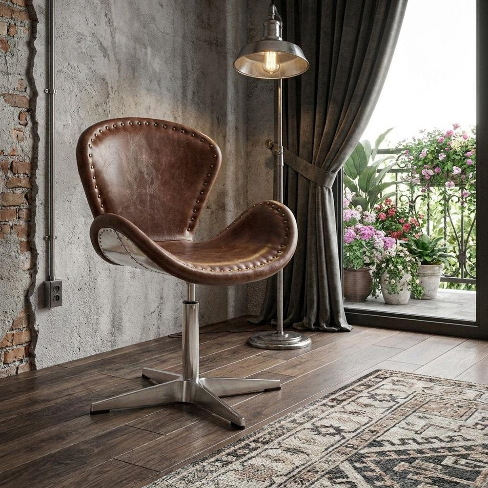25" Brown and Silver Faux Leather Distressed Swivel Arm Chair HomeRoots