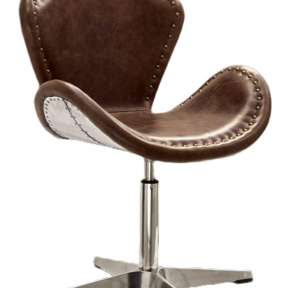 25" Brown and Silver Faux Leather Distressed Swivel Arm Chair HomeRoots