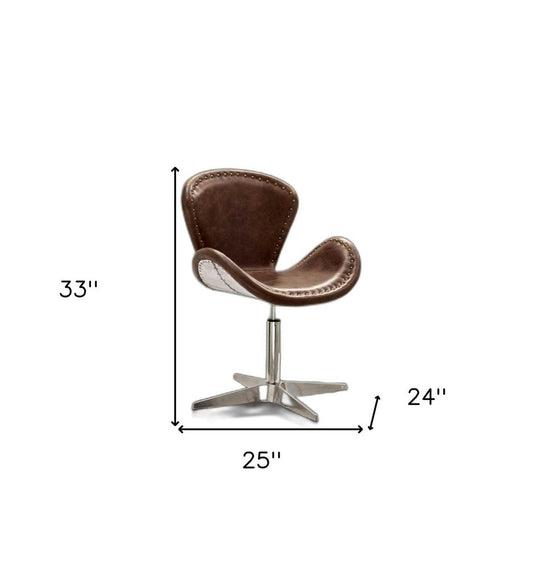 25" Brown and Silver Faux Leather Distressed Swivel Arm Chair HomeRoots