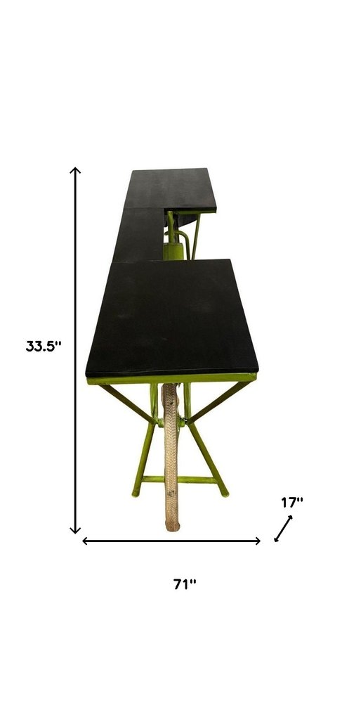 71" Brown and Green Solid Wood and Metal Bike Kitchen Cart HomeRoots