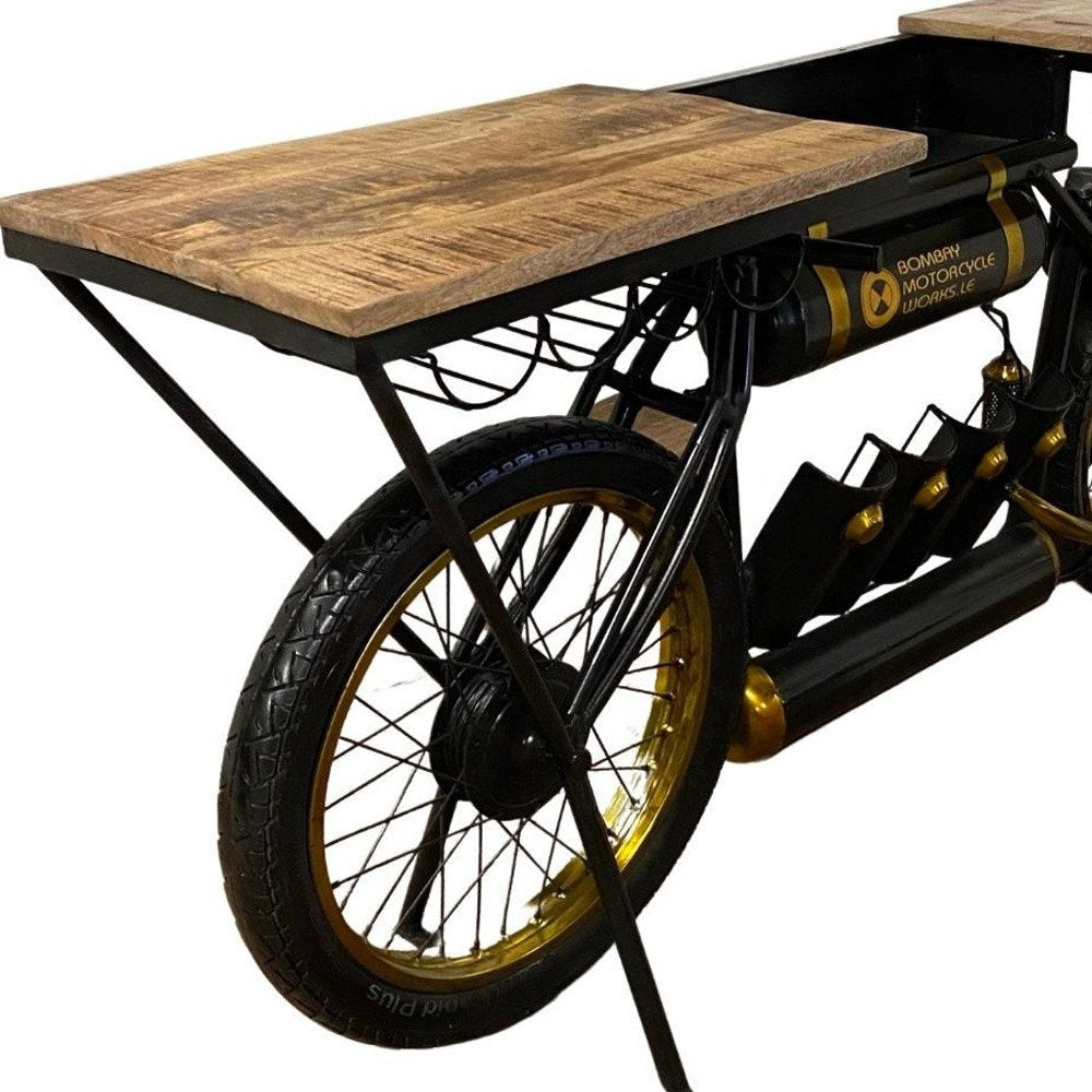 Black and Gold Iron And Solid Wood Bar Cart With Wine Storage HomeRoots