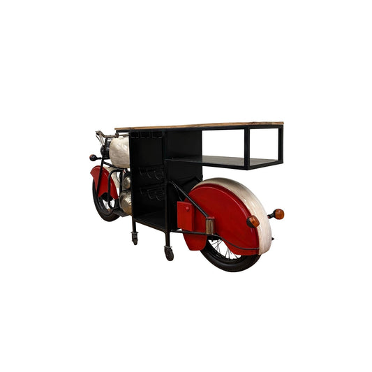 Red and Black Metal And Wood Rolling Glider Bike Bar Cart With Wine Storage HomeRoots