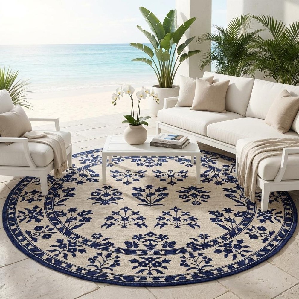 8' Blue Round Hand Tufted Area Rug With UV Protection HomeRoots