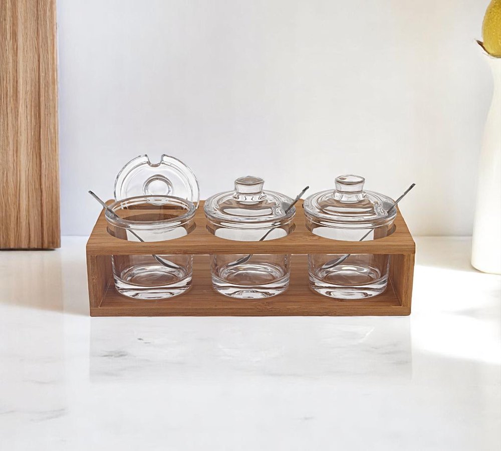 6 Mouth Blown Crystal Jam Set With 3 Glass Jars And Spoons On A Wood Stand HomeRoots