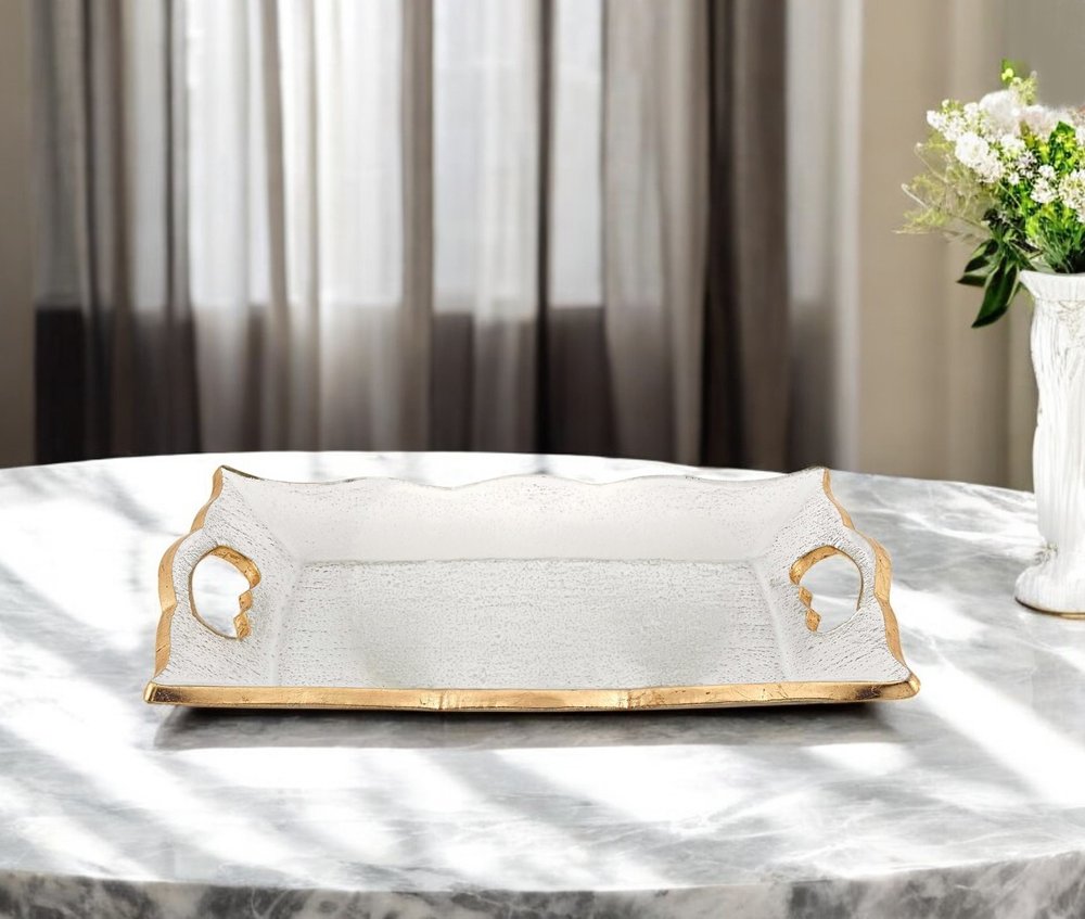 11" Clear And Gold Seeded Glass Serving Tray With Handles HomeRoots