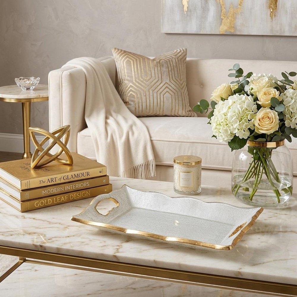 20" Clear And Gold Seeded Glass Serving Tray With Handles HomeRoots