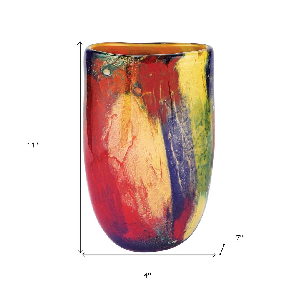 11" Red Purple And Yellow Abstract Oval Murano Glass Table Vase HomeRoots