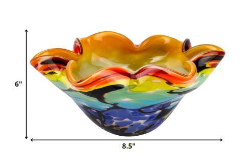 9" Rainbow Multi Art Glass Wavy Centerpiece Bowl HomeRoots