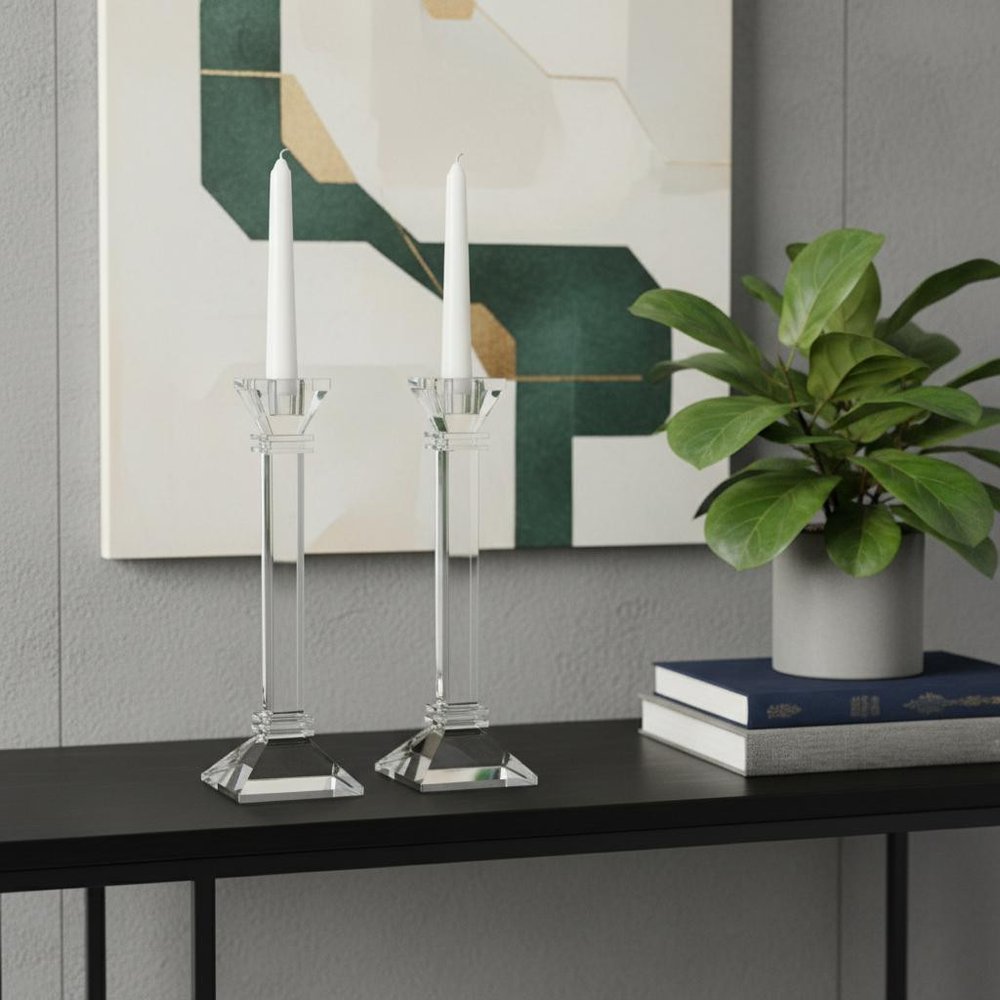 Set of Two Clear Crystal Tabletop Taper Candlesticks HomeRoots