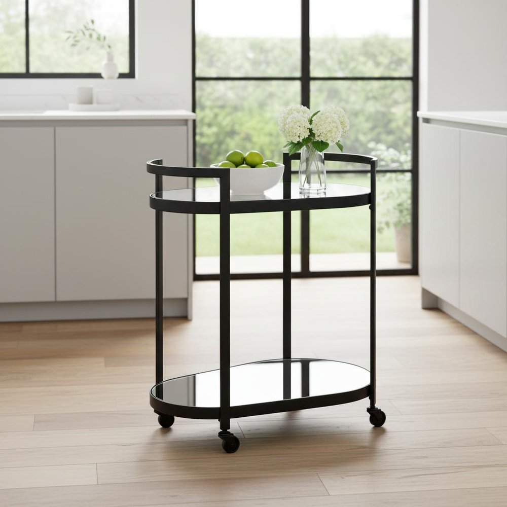 Cyclider Black Metal With Two Mirror Glass Shelves Bar Cart HomeRoots