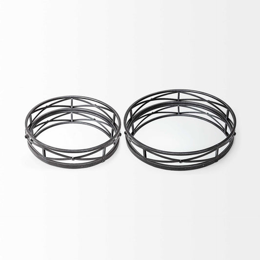 Set of Two Black Round Metal And Mirrored Glass Vanity Trays