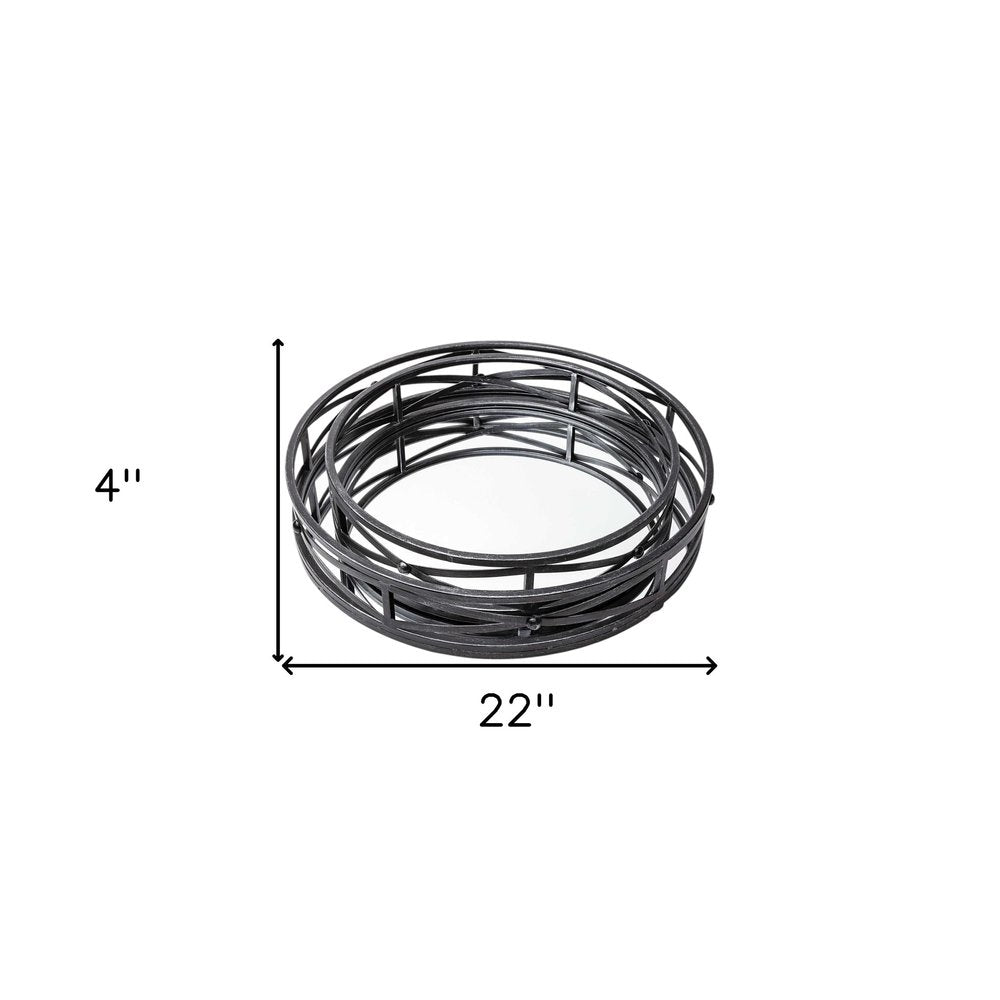 Set of Two Black Round Metal And Mirrored Glass Vanity Trays HomeRoots